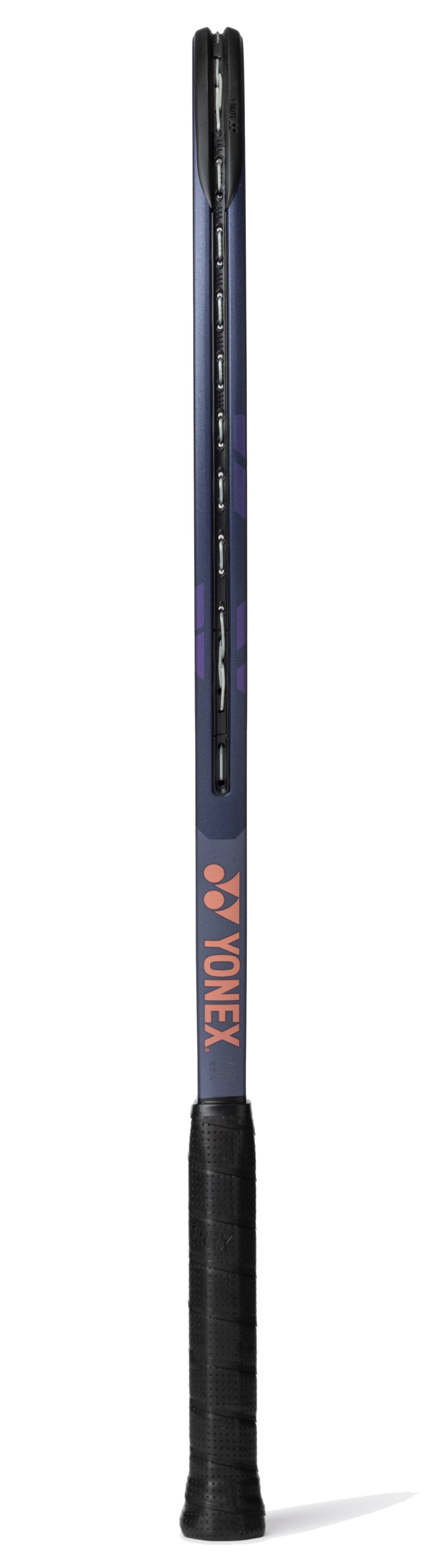 The Yonex Percept 100L Tennis Racket - Midnight Navy is shown upright from the side with a slim frame, black grip, and Yonex logo on the throat against a white background—perfect for intermediate players.