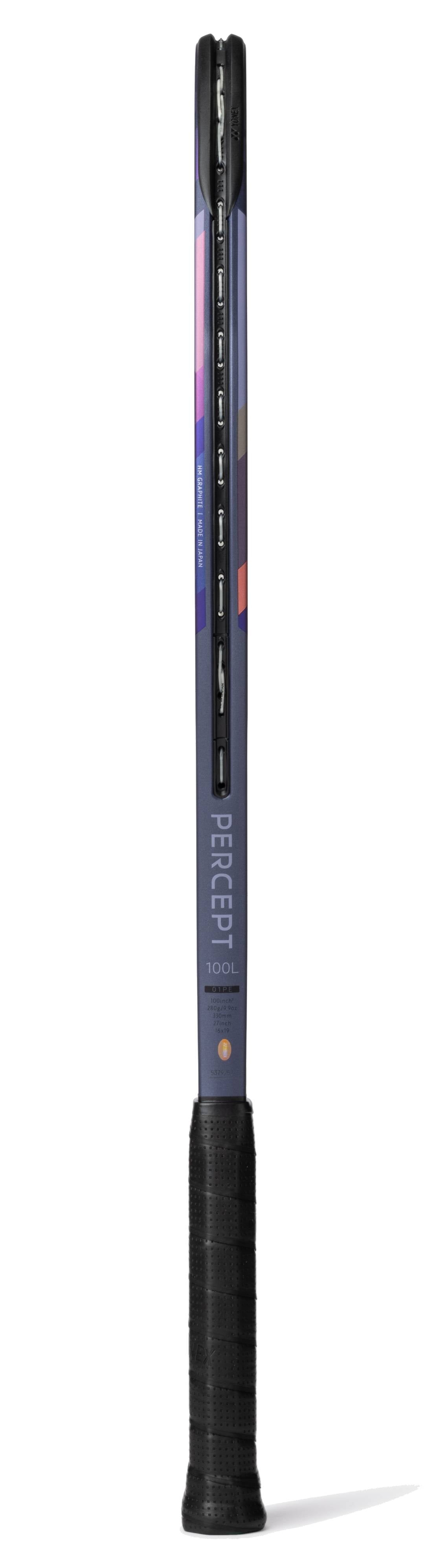 The Yonex Percept 100L Tennis Racket - Midnight Navy features a slim upright frame with “PERCEPT 100L” on it and blue, black, and purple accents—perfect for intermediate players seeking performance and style.