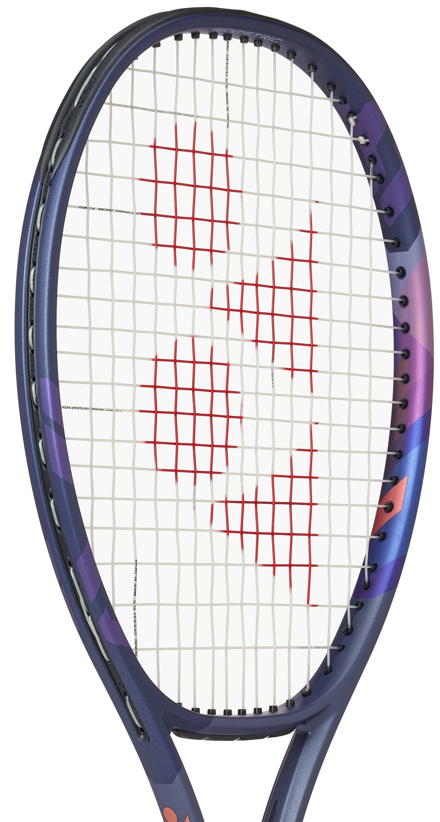 A close-up of the Yonex Percept 100L Tennis Racket - Midnight Navy shows a sleek blue and purple frame with red geometric accents on white strings—perfect for intermediate players.