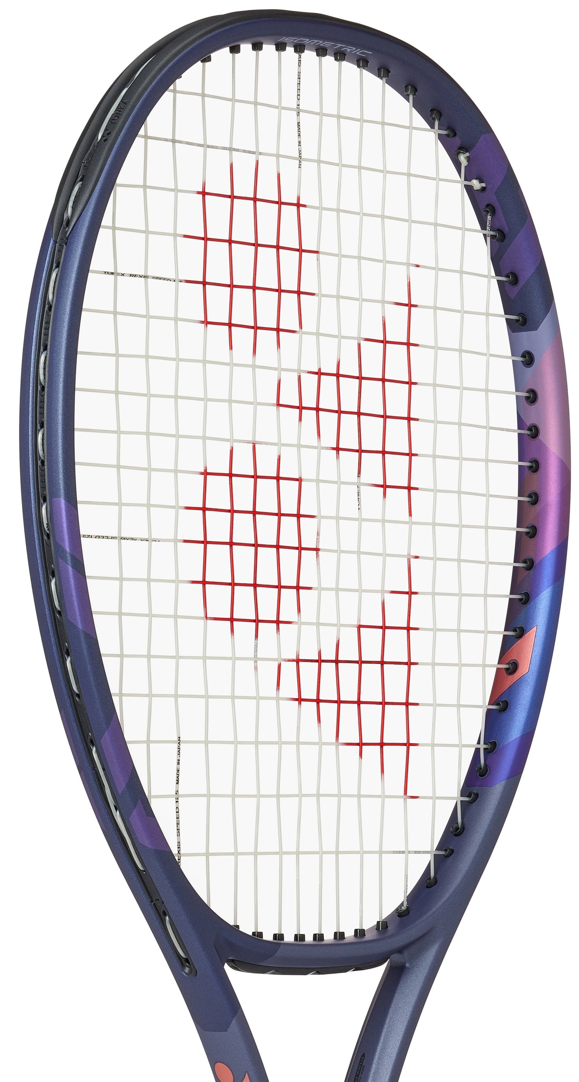 A close-up of the Yonex Percept 100L Tennis Racket - Midnight Navy shows a sleek blue and purple frame with red geometric accents on white strings—perfect for intermediate players.