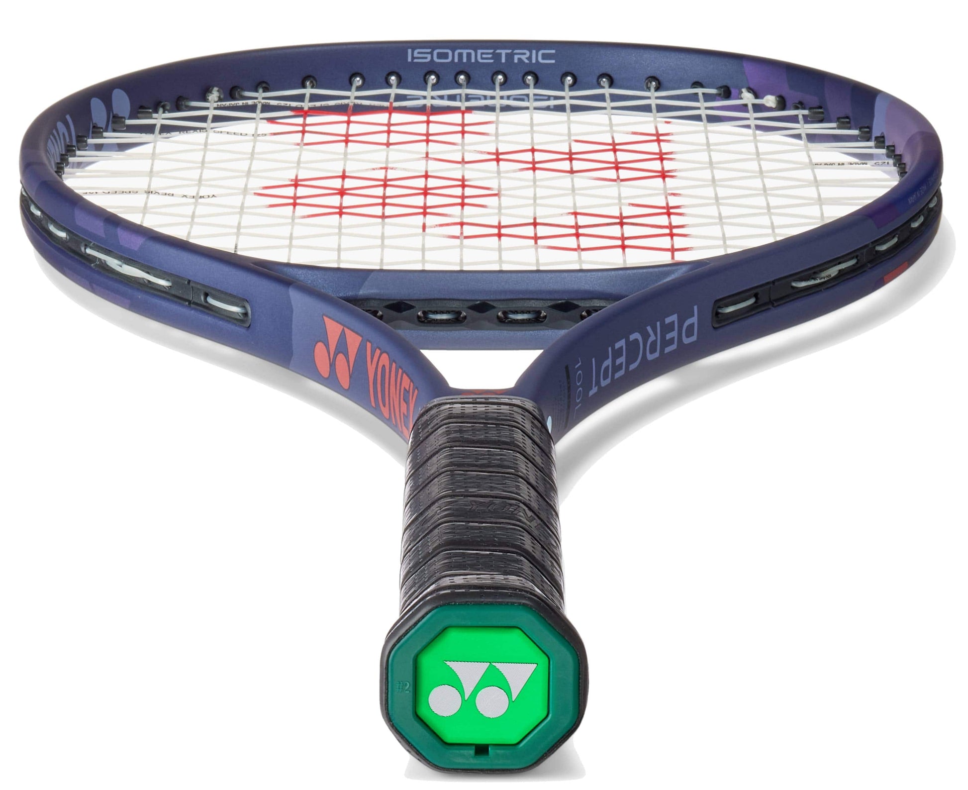 A close-up of the Yonex Percept 100L Tennis Racket - Midnight Navy highlights its black grip, green butt cap logo, and white strings with a red pattern on the blue frame—perfect for intermediate players.