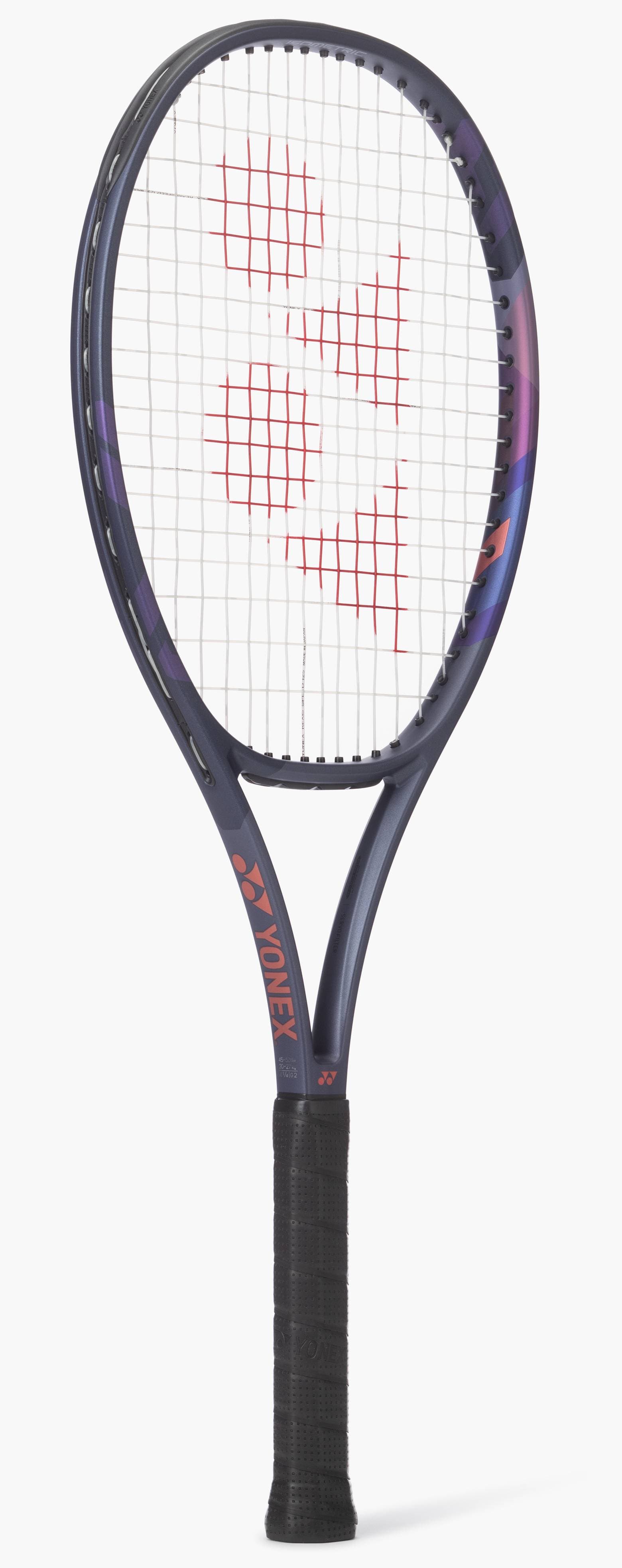The Yonex Percept 100 Tennis Racket - Midnight Navy features a dark blue and purple frame, black grip, red Yonex logo on white strings, and is designed for intermediate players. Displayed against a white background.