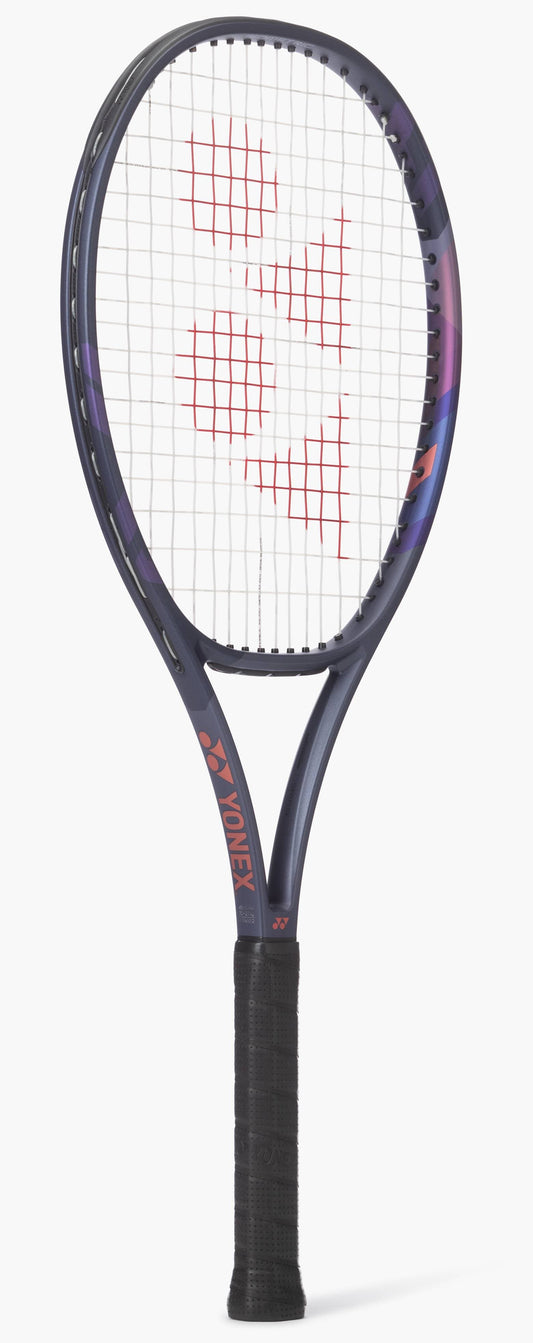 The Yonex Percept 100 Tennis Racket - Midnight Navy features a dark blue and purple frame, black grip, red Yonex logo on white strings, and is designed for intermediate players. Displayed against a white background.