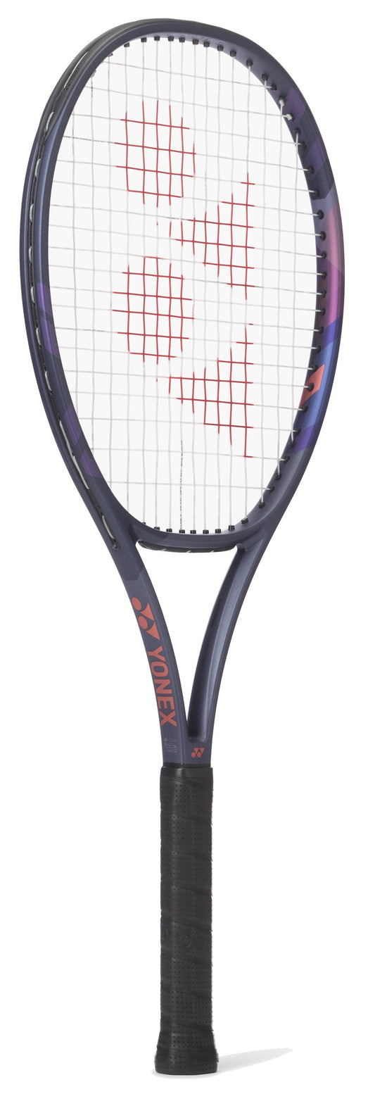 The Yonex Percept 100 Tennis Racket - Midnight Navy features a dark blue frame, red logo on the strings, and black grip handle, standing upright against a white background—ideal for intermediate players.