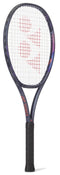 The Yonex Percept 100 Tennis Racket - Midnight Navy features a dark blue frame, red logo on the strings, and black grip handle, standing upright against a white background—ideal for intermediate players.