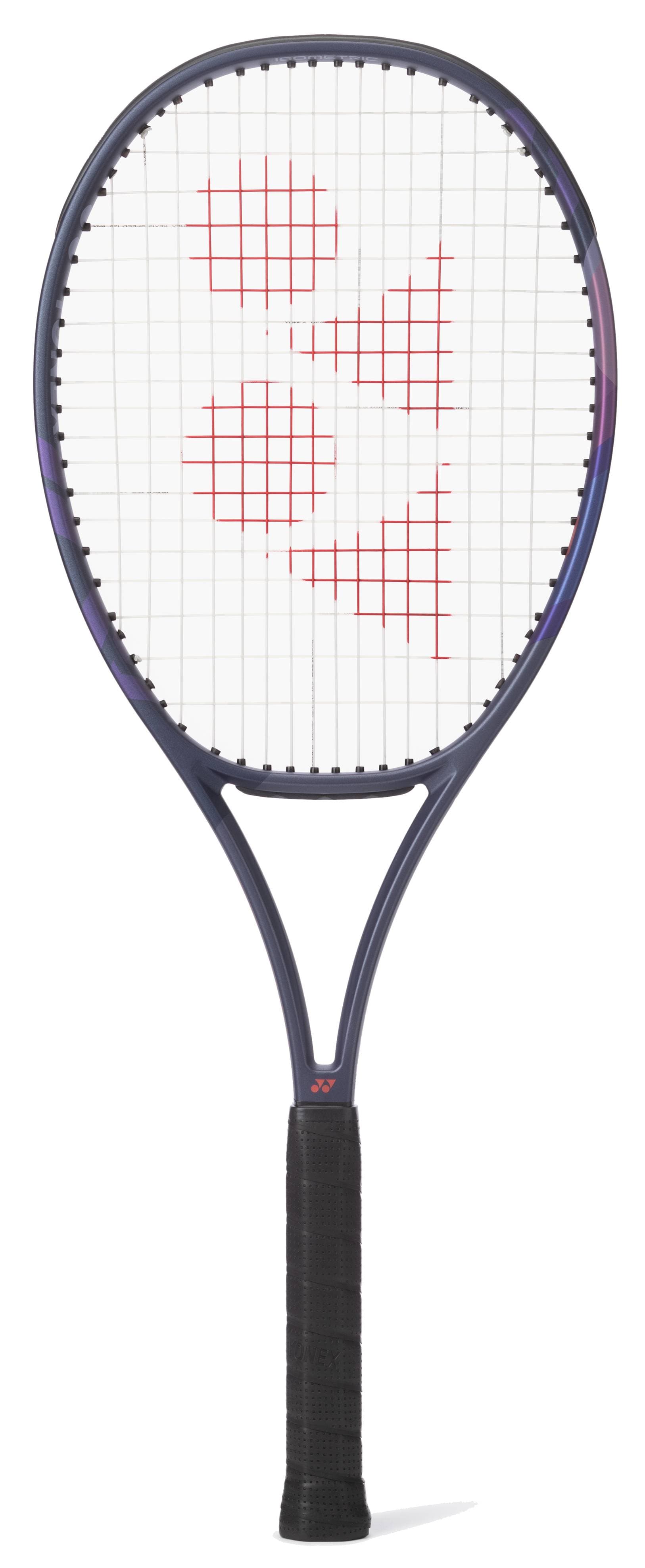 The Yonex Percept 100 Tennis Racket - Midnight Navy features a black handle, midnight navy frame, and white strings with red pattern accents. Designed for intermediate players, it is displayed vertically against a white background.