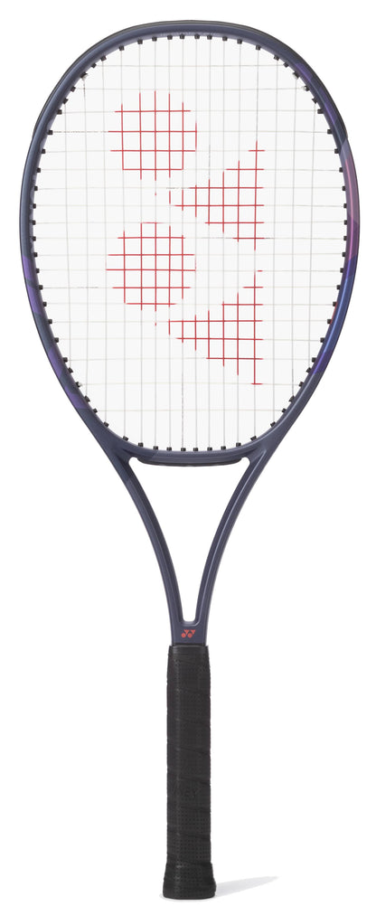 The Yonex Percept 100 Tennis Racket - Midnight Navy features a black handle, midnight navy frame, and white strings with red pattern accents. Designed for intermediate players, it is displayed vertically against a white background.