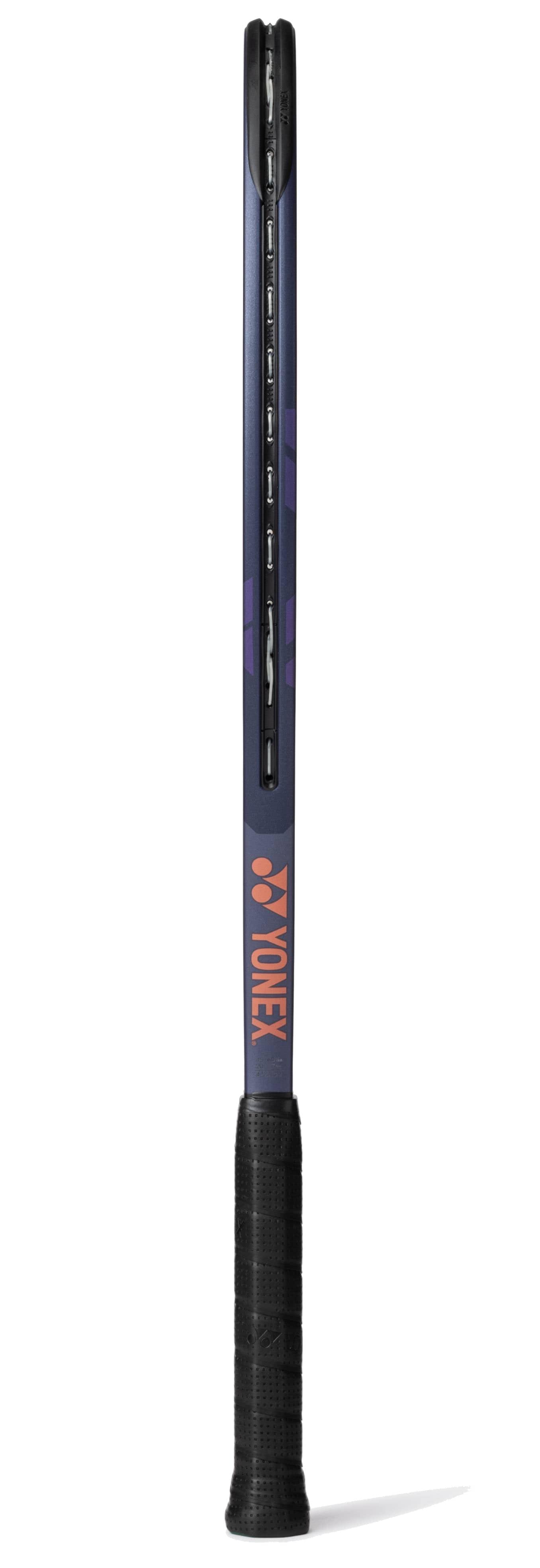 The Yonex Percept 100 Tennis Racket - Midnight Navy is shown vertically from the side, featuring a black grip, dark midnight navy frame with purple accents, and an orange "YONEX" logo—ideal for intermediate players.