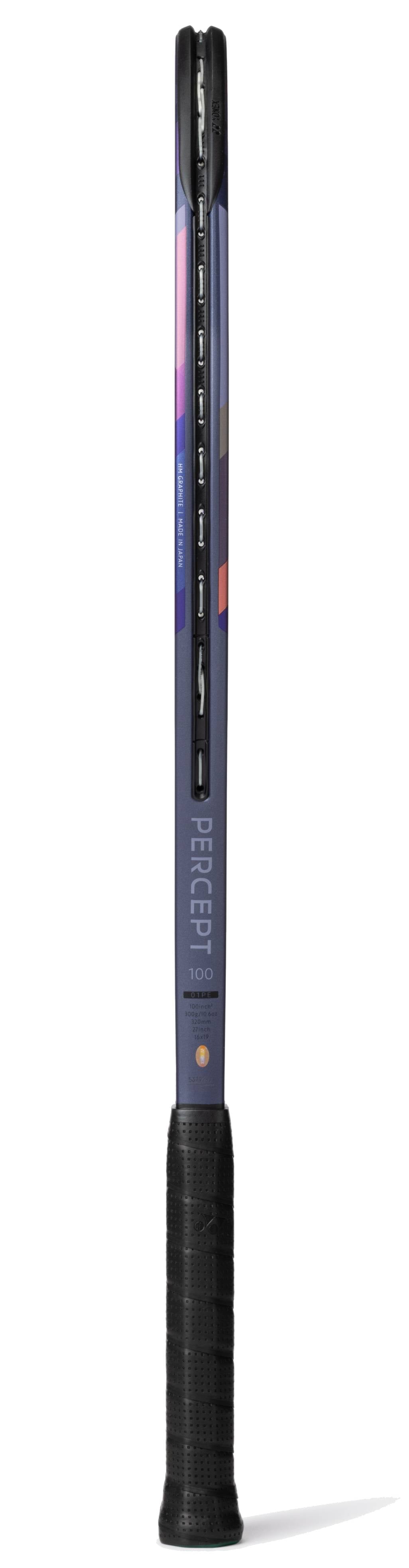 The Yonex Percept 100 Tennis Racket - Midnight Navy stands upright, showcasing its dark grip and sleek frame—ideal for intermediate players—with "PERCEPT 100" marked on the side.
