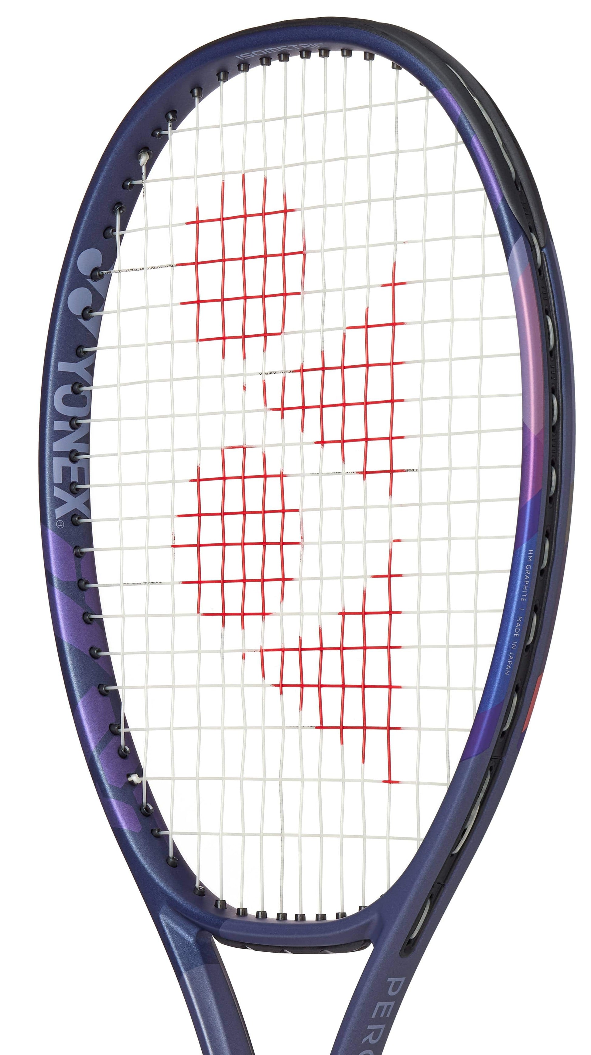 A close-up of the Yonex Percept 100 Tennis Racket - Midnight Navy shows its dark blue frame, white strings, and red Yonex logo—perfect for intermediate players aiming for precision.