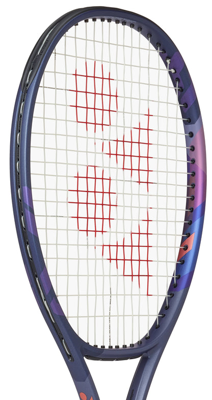 A close-up of the Yonex Percept 100 Tennis Racket - Midnight Navy, perfect for intermediate players, featuring blue and purple accents, white strings, and a bold red Yonex logo at the center.