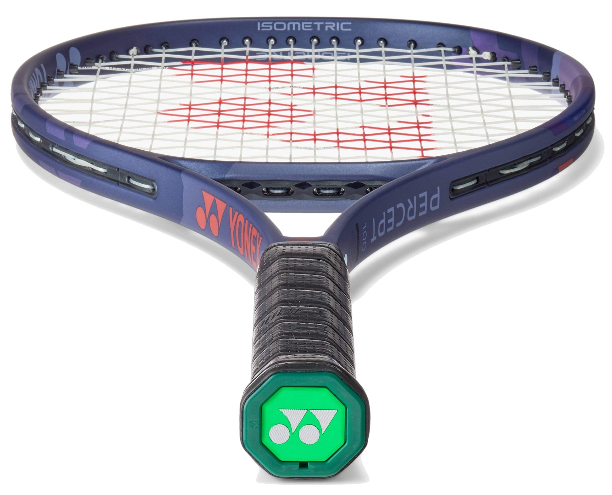 A close-up of the Yonex Percept 100 Tennis Racket - Midnight Navy highlights its black grip, hexagonal green Yonex logo on the handle, and a midnight navy frame with white strings—perfect for intermediate players.