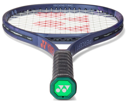 A close-up of the Yonex Percept 100 Tennis Racket - Midnight Navy highlights its black grip, hexagonal green Yonex logo on the handle, and a midnight navy frame with white strings—perfect for intermediate players.