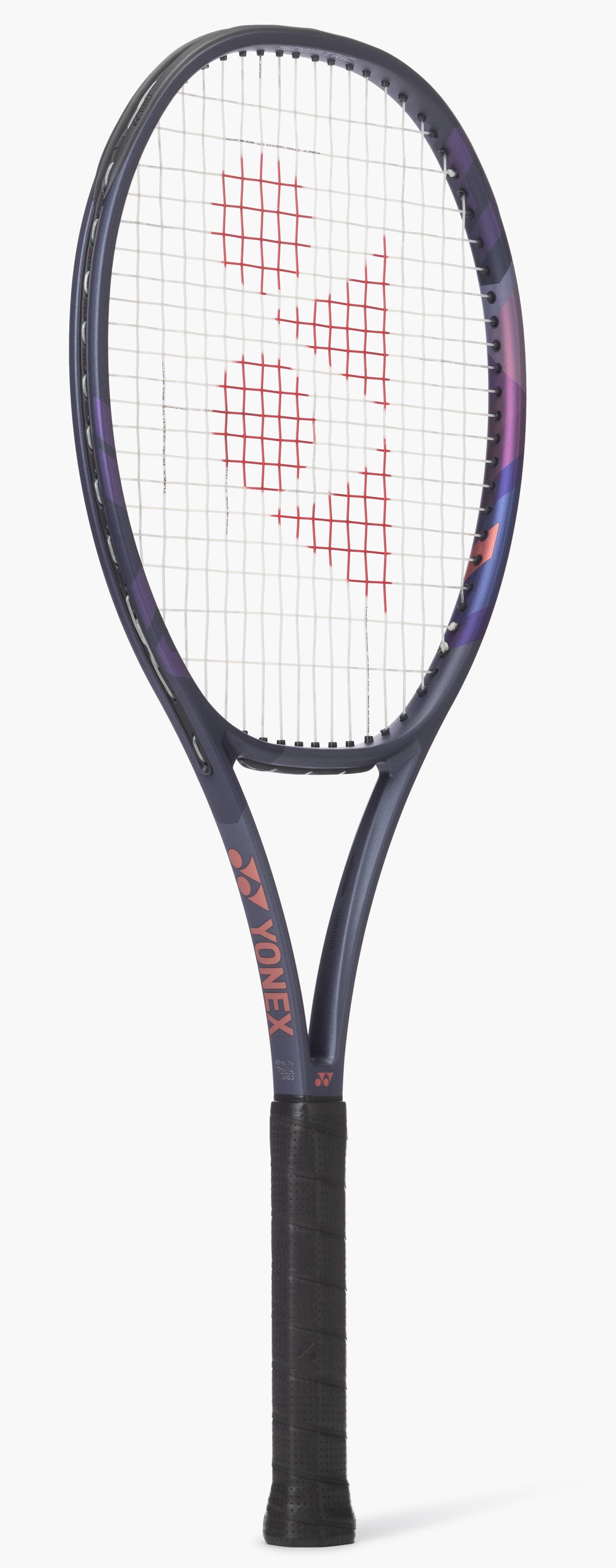 The Yonex Percept 97D Tennis Racket in Midnight Navy features a control-focused design, dark frame, black grip, and a red Yonex logo on the white string bed, displayed against a plain white background.