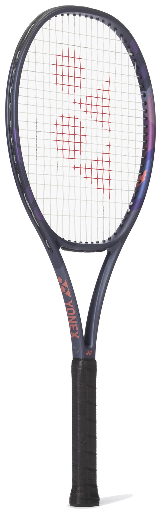 The Yonex Percept 97D Tennis Racket in Midnight Navy stands upright against a plain white background, featuring a dark frame, black grip, and red Yonex logo on its white strings.