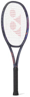 The Yonex Percept 97D Tennis Racket in Midnight Navy stands upright against a plain white background, featuring a dark frame, black grip, and red Yonex logo on its white strings.