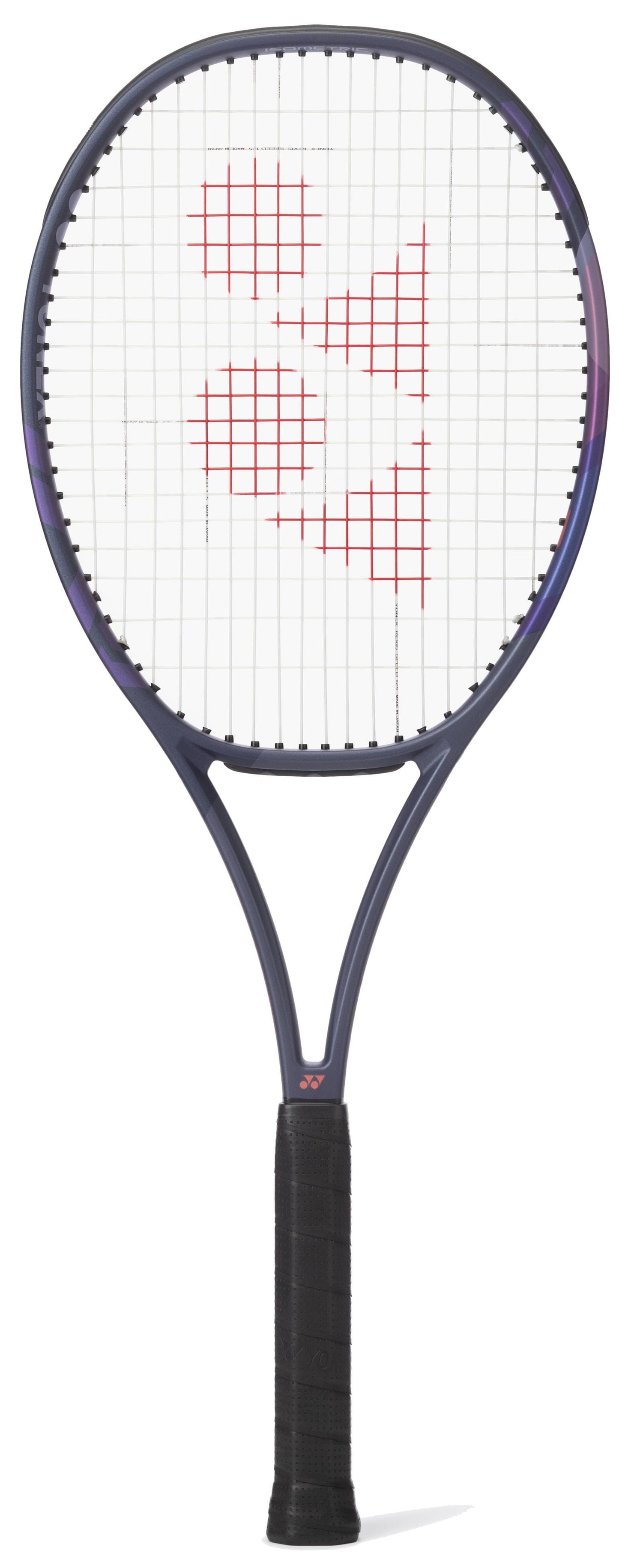 The Yonex Percept 97D Tennis Racket in Midnight Navy features white strings and a red geometric logo on the string bed, designed for control-focused play and shown from the front against a white background.