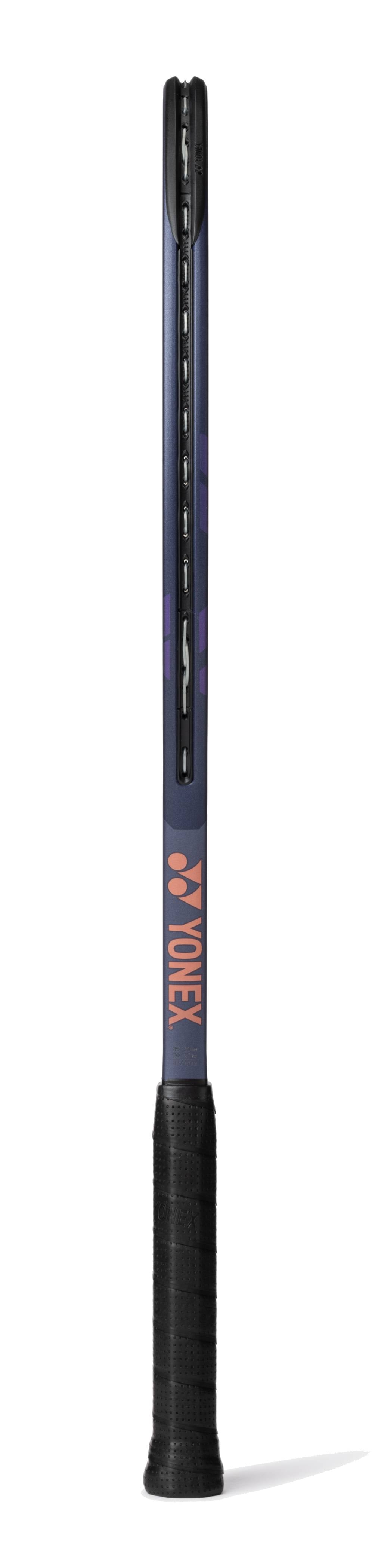 A Yonex Percept 97D Tennis Racket - Midnight Navy stands upright, handle down, with a black grip and orange Yonex logo on the throat. The control-oriented frame is dark midnight navy with subtle purple accents, displayed in side profile.