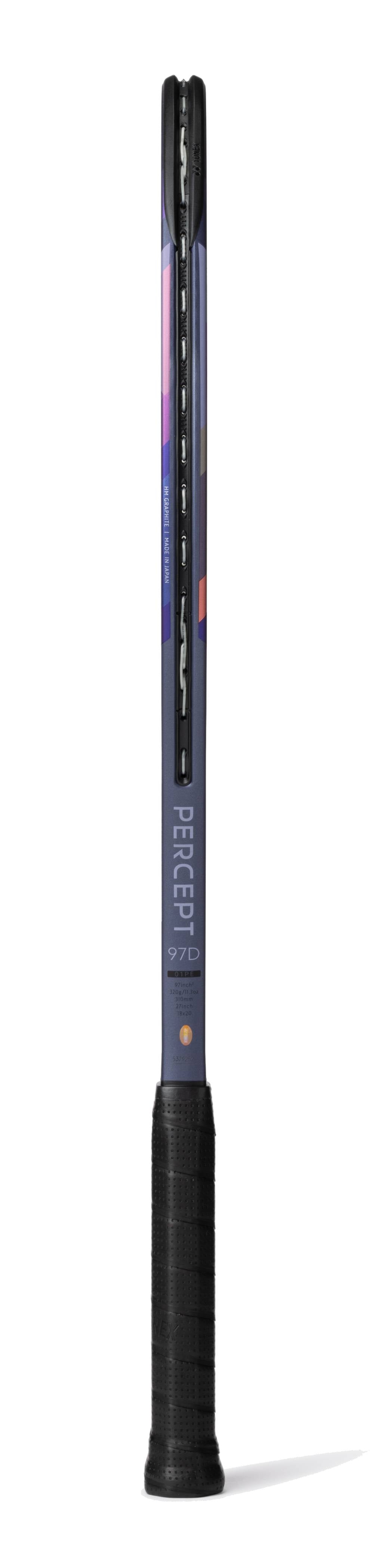 The Yonex Percept 97D Tennis Racket - Midnight Navy is shown from the side, highlighting its black grip and frame with "Percept 97D" text—ideal for control-focused players—set against a white background.