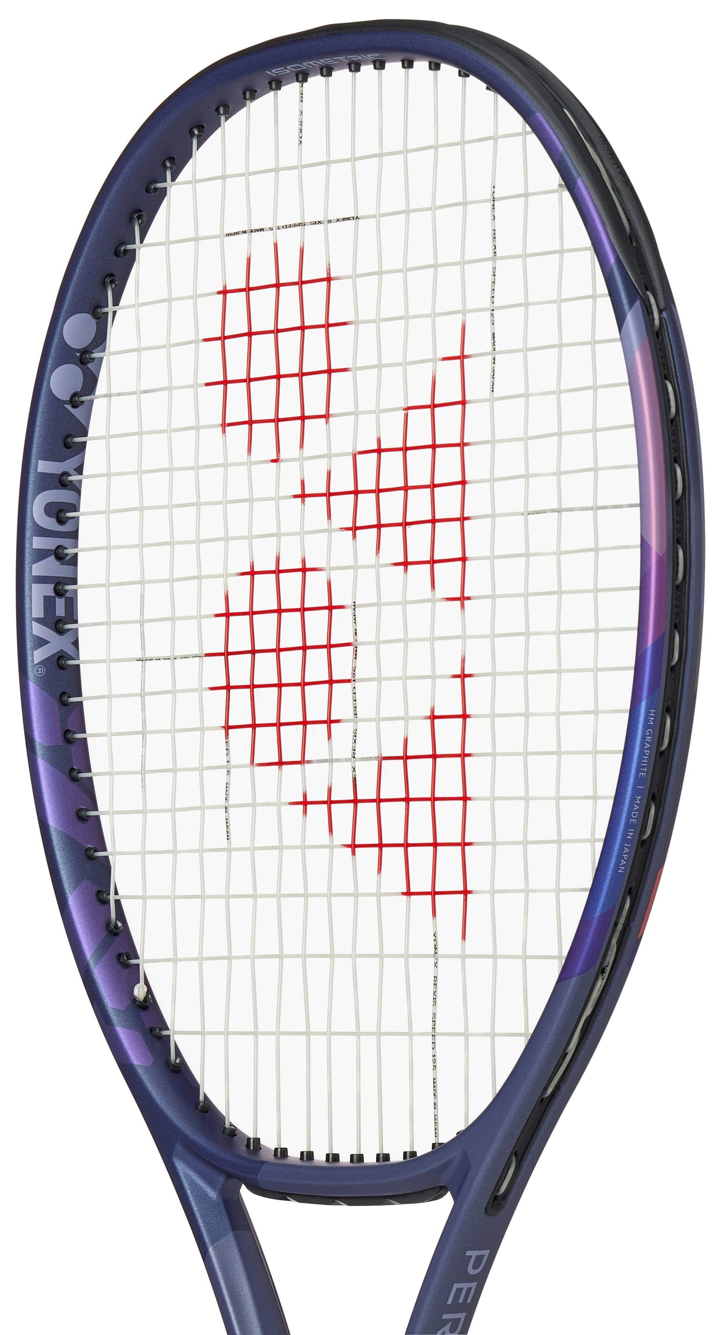 A close-up view of the Yonex Percept 97D Tennis Racket - Midnight Navy, featuring a navy and black frame, white strings, and a red Yonex logo—ideal for control-focused players.
