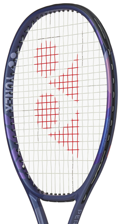 A close-up view of the Yonex Percept 97D Tennis Racket - Midnight Navy, featuring a navy and black frame, white strings, and a red Yonex logo—ideal for control-focused players.