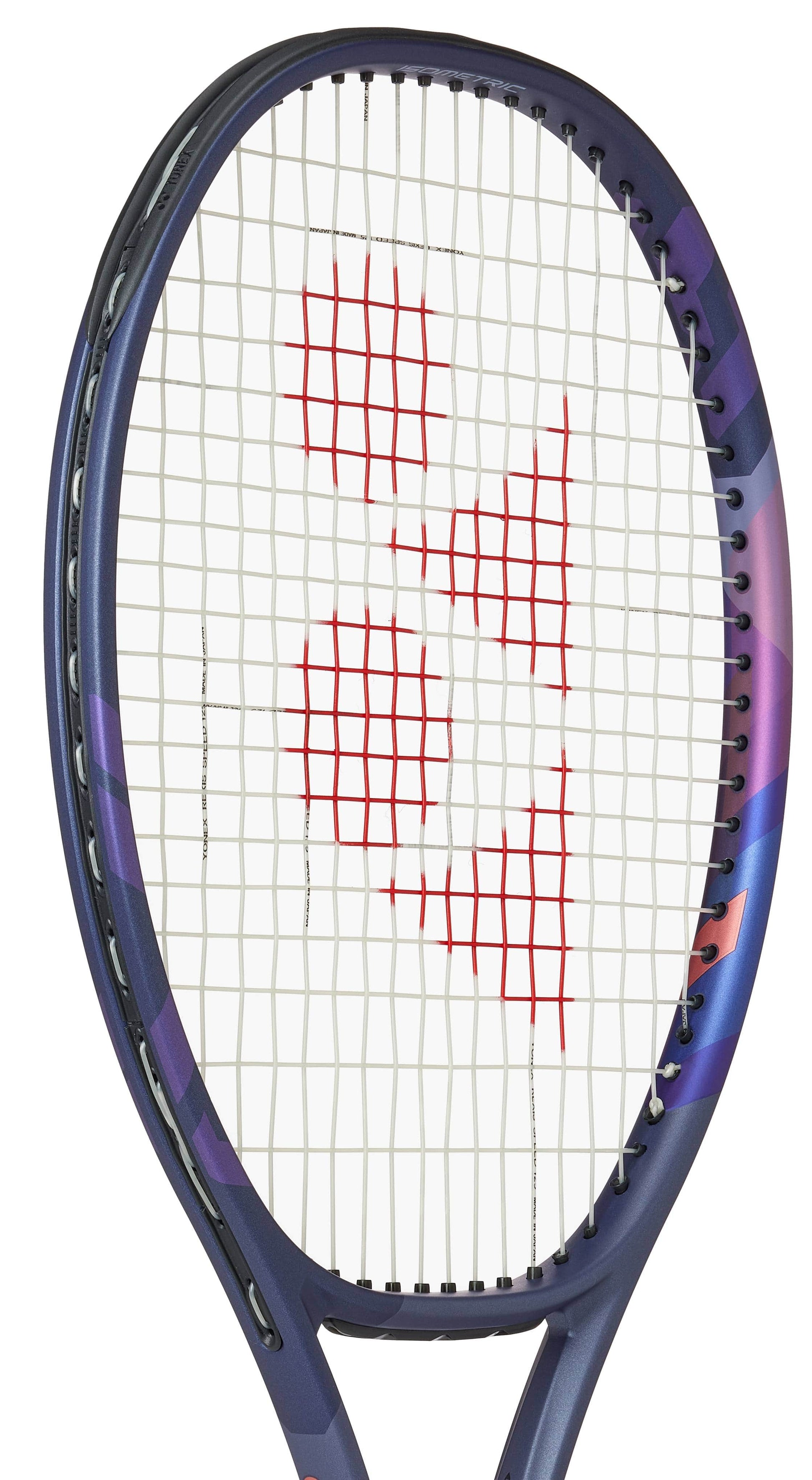 A close-up of the Yonex Percept 97D Tennis Racket - Midnight Navy showcases its dark blue frame and red geometric accents on the white strings, reflecting Yonex's control-focused design.