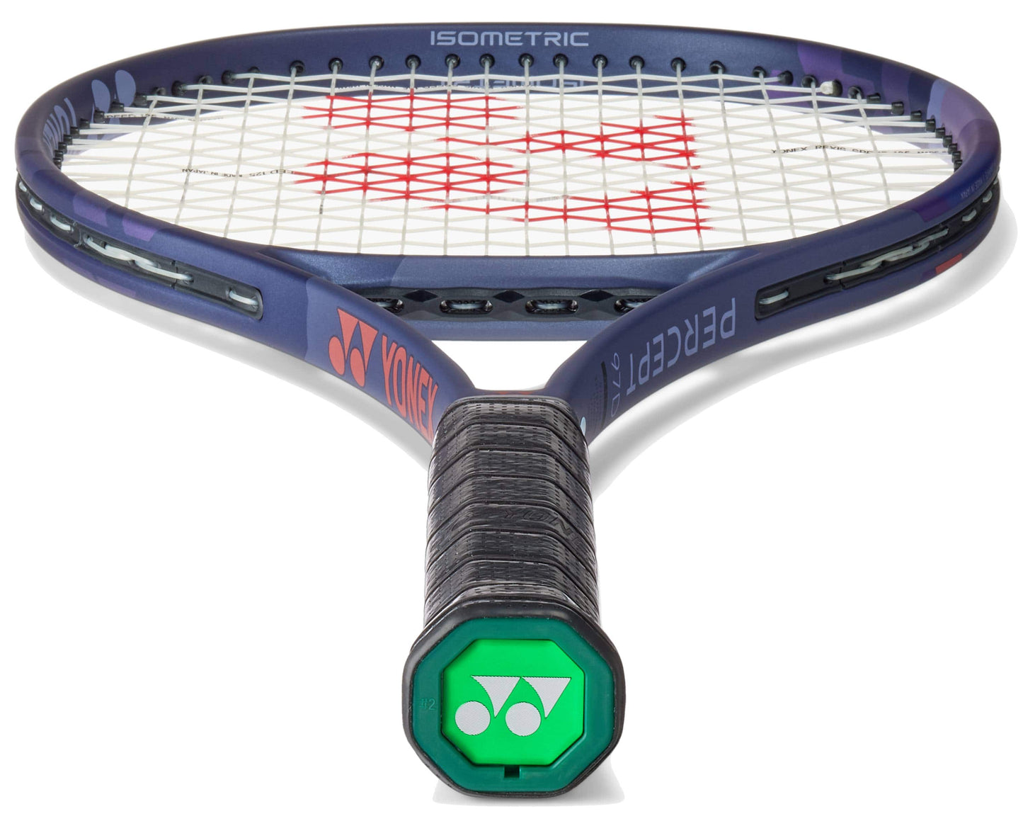 The Yonex Percept 97D Tennis Racket - Midnight Navy features a control-oriented design with a black grip, midnight navy frame, and red Yonex logo on the strings, displayed from handle to racket head.