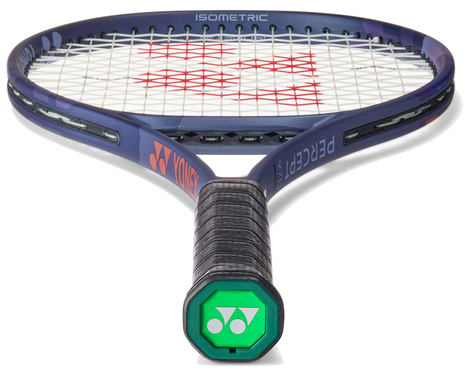 The Yonex Percept 97D Tennis Racket - Midnight Navy features a control-oriented design with a black grip, midnight navy frame, and red Yonex logo on the strings, displayed from handle to racket head.