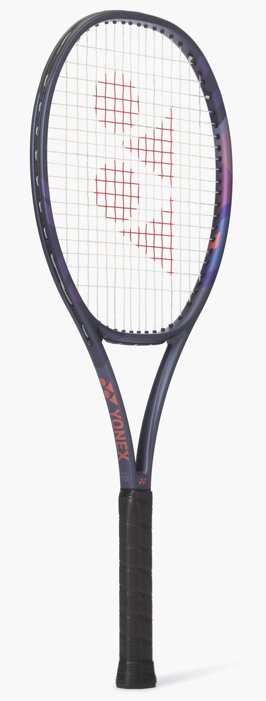 The Yonex Percept 97 Tennis Racket - Midnight Navy is designed for advanced players, featuring a dark blue and purple frame, black grip, and red Yonex logo on white strings, pictured upright against a white background.