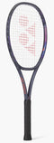 The Yonex Percept 97 Tennis Racket - Midnight Navy is designed for advanced players, featuring a dark blue and purple frame, black grip, and red Yonex logo on white strings, pictured upright against a white background.