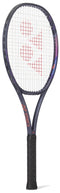 The Yonex Percept 97 Tennis Racket – Midnight Navy features a black and purple frame, black grip, and white strings with a red geometric logo at the center—ideal for advanced players seeking precision.