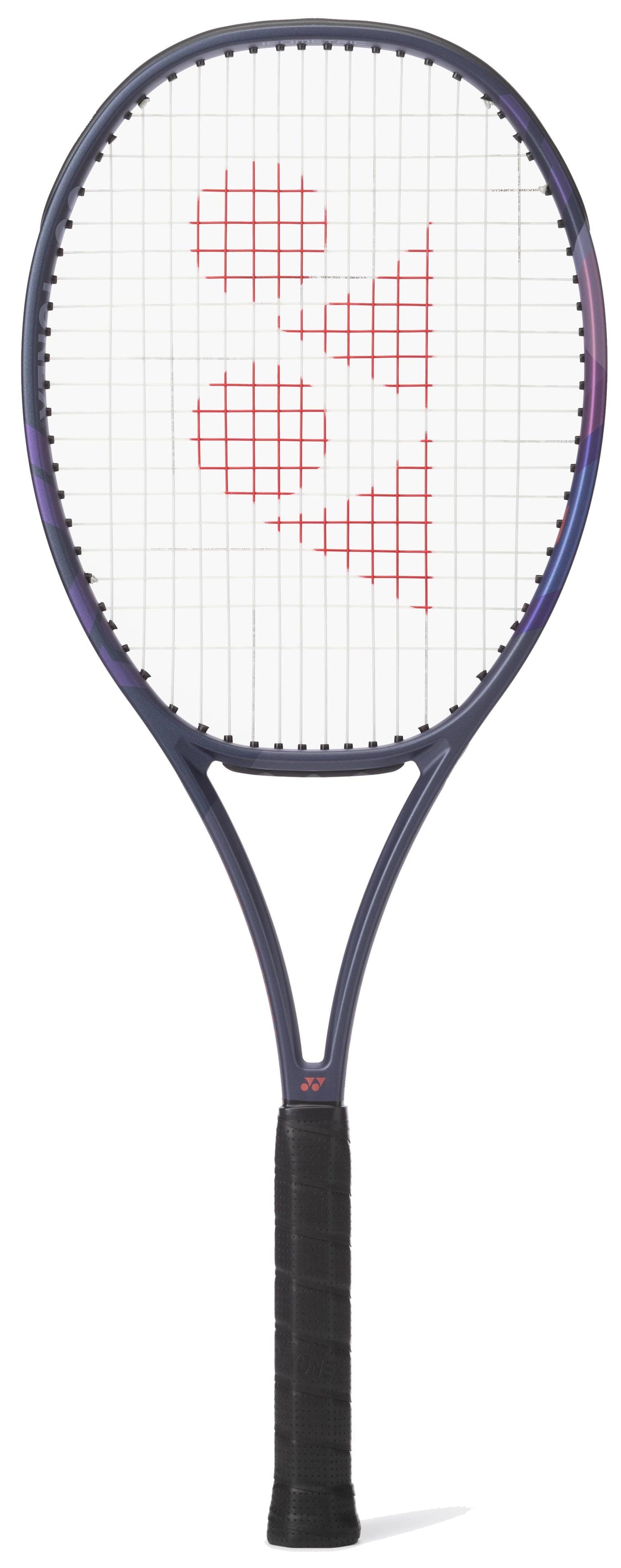 The Yonex Percept 97 Tennis Racket - Midnight Navy features a dark frame, white strings with a red geometric pattern, and a black grip. Ideal for advanced players, it stands upright against a white background. Brand: Yonex.