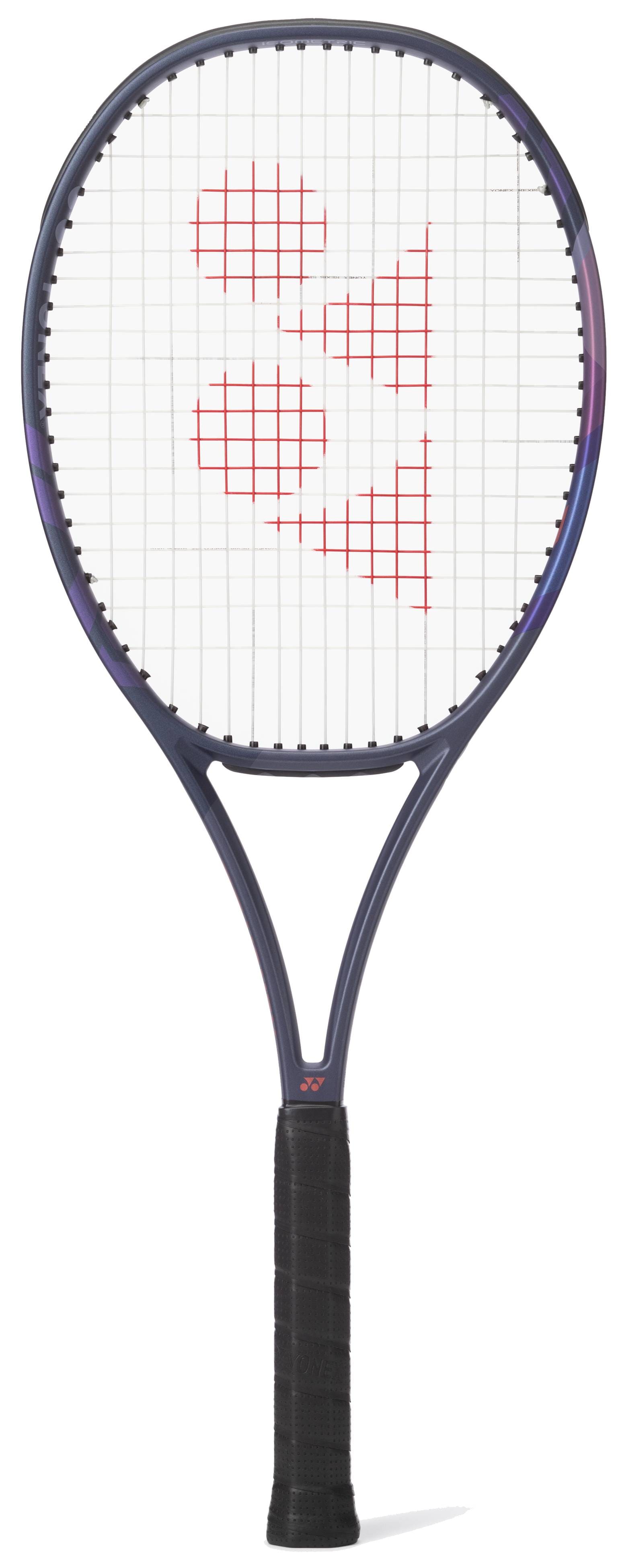 The Yonex Percept 97 Tennis Racket - Midnight Navy features a dark frame, white strings with a red geometric pattern, and a black grip. Ideal for advanced players, it stands upright against a white background. Brand: Yonex.