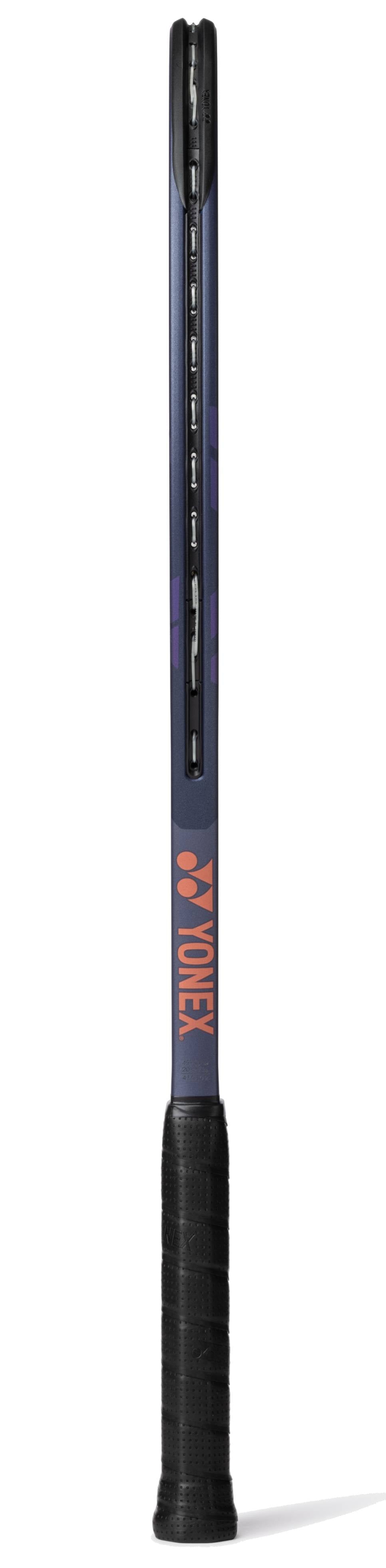 The Yonex Percept 97 Tennis Racket - Midnight Navy stands upright with its black grip and Yonex logo visible on the throat—perfect for advanced players seeking top performance.