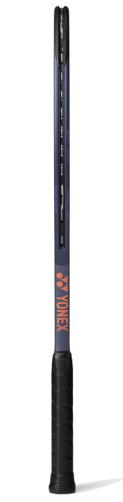 The Yonex Percept 97 Tennis Racket - Midnight Navy stands upright with its black grip and Yonex logo visible on the throat—perfect for advanced players seeking top performance.