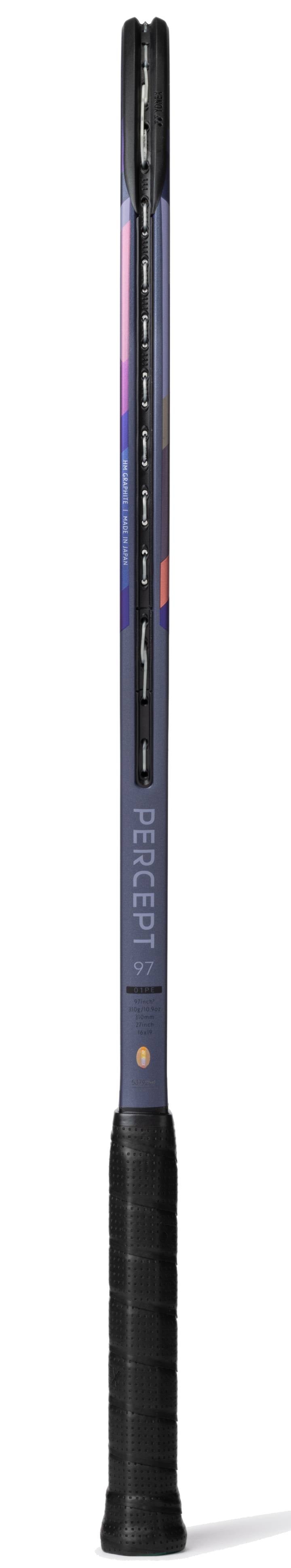 A Yonex Percept 97 Tennis Racket - Midnight Navy is shown from the side, featuring a black grip and slim, dark frame labeled “Percept.” Designed for advanced players, its detailed strings and frame are clearly visible. Brand: Yonex.