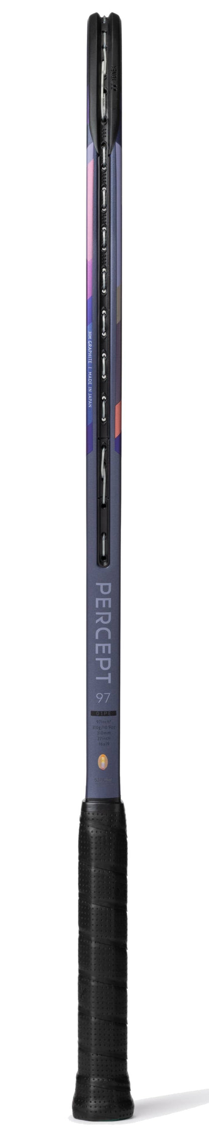 A Yonex Percept 97 Tennis Racket - Midnight Navy is shown from the side, featuring a black grip and slim, dark frame labeled “Percept.” Designed for advanced players, its detailed strings and frame are clearly visible. Brand: Yonex.