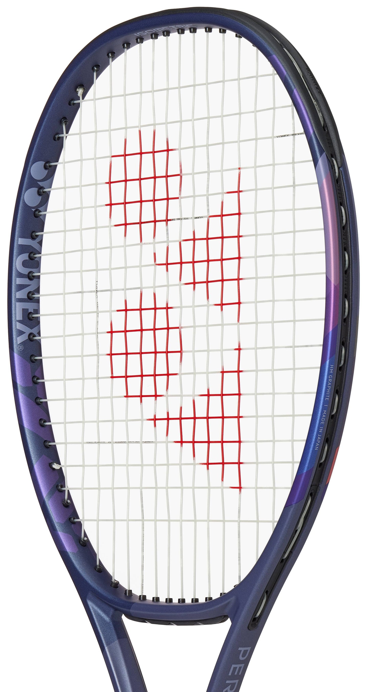 A close-up of the Yonex Percept 97 Tennis Racket - Midnight Navy by Yonex, featuring a midnight navy frame, white strings, and a red geometric logo on the string bed—ideal for advanced players seeking precision.