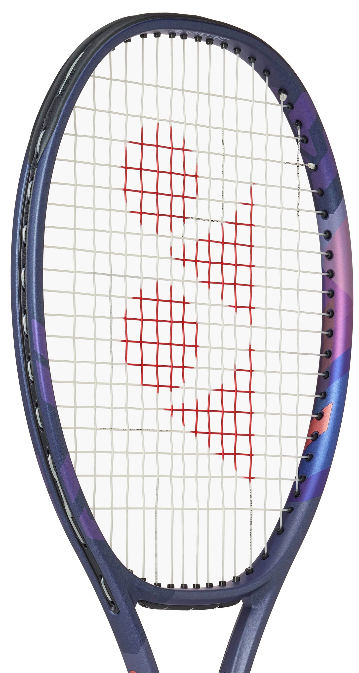 A close-up of the Yonex Percept 97 Tennis Racket – Midnight Navy shows a dark blue and purple frame with a red geometric logo on the white strings, perfect for advanced players seeking precision.
