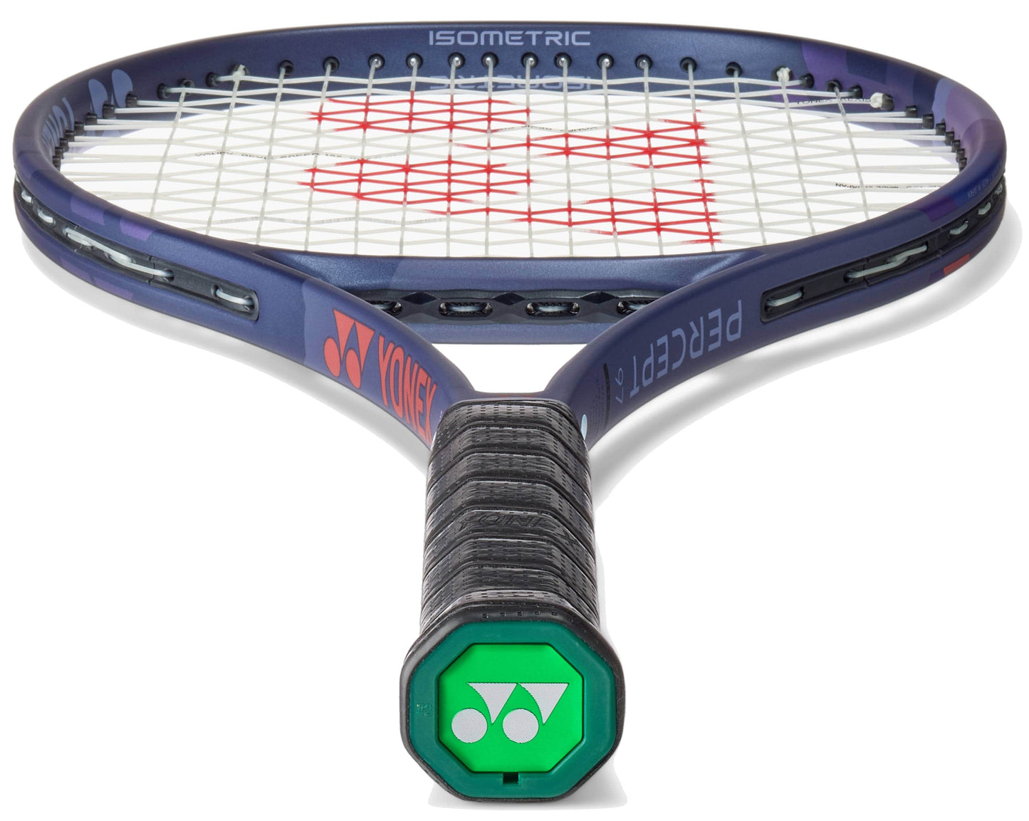 A close-up of the Yonex Percept 97 Tennis Racket - Midnight Navy, crafted by Yonex for advanced players.