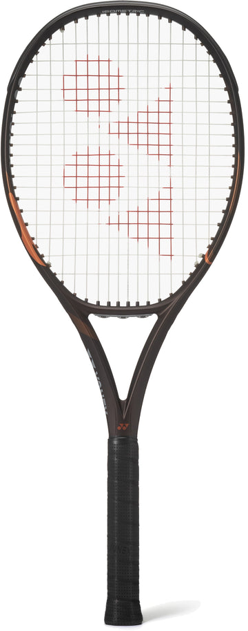 A Yonex EZONE 100L Espresso Brown 2026 tennis racket with white strings and a distinctive red design in the center stands upright against a white background, offering excellent vibration dampening for enhanced comfort during play.