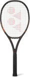 A Yonex EZONE 100L Espresso Brown 2026 tennis racket with white strings and a distinctive red design in the center stands upright against a white background, offering excellent vibration dampening for enhanced comfort during play.