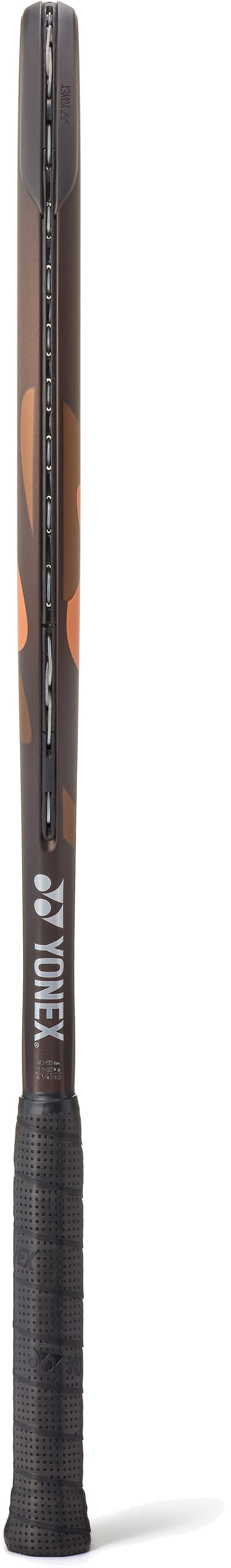 A Yonex EZONE 100L Espresso Brown 2026 Tennis Racket stands upright, displayed from the side to showcase its sleek frame, black grip, and a partial Yonex logo in white and brown on the shaft, while its advanced vibration dampening technology delivers a comfortable playing experience.