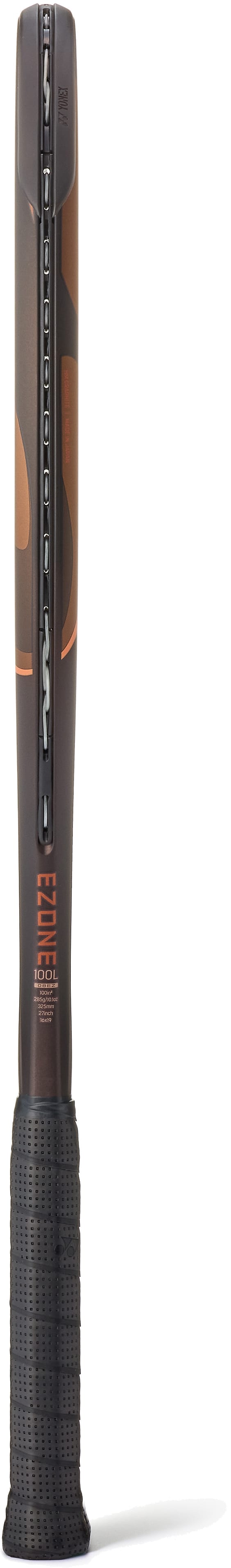 Standing upright, the Yonex EZONE 100L Espresso Brown 2026 Tennis Racket displays a closeup of its handle with a black grip and the end of its frame, featuring orange text and a dark brown color scheme, reminiscent of advanced vibration dampening technology found in top-tier sports equipment.