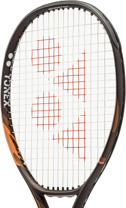 A Yonex EZONE 100L Espresso Brown 2026 tennis racket featuring white strings and a red logo pattern in the center, displayed against a white background. Engineered for optimal vibration dampening, this Yonex racket delivers both precision and comfort on the court.