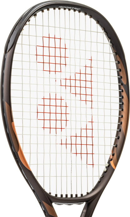 A close-up of a tennis racket featuring a black and orange frame and white strings with a red geometric logo pattern in the center, this Yonex EZONE 100L Espresso Brown 2026 Tennis Racket is designed for players seeking enhanced vibration dampening and precise control on the court.