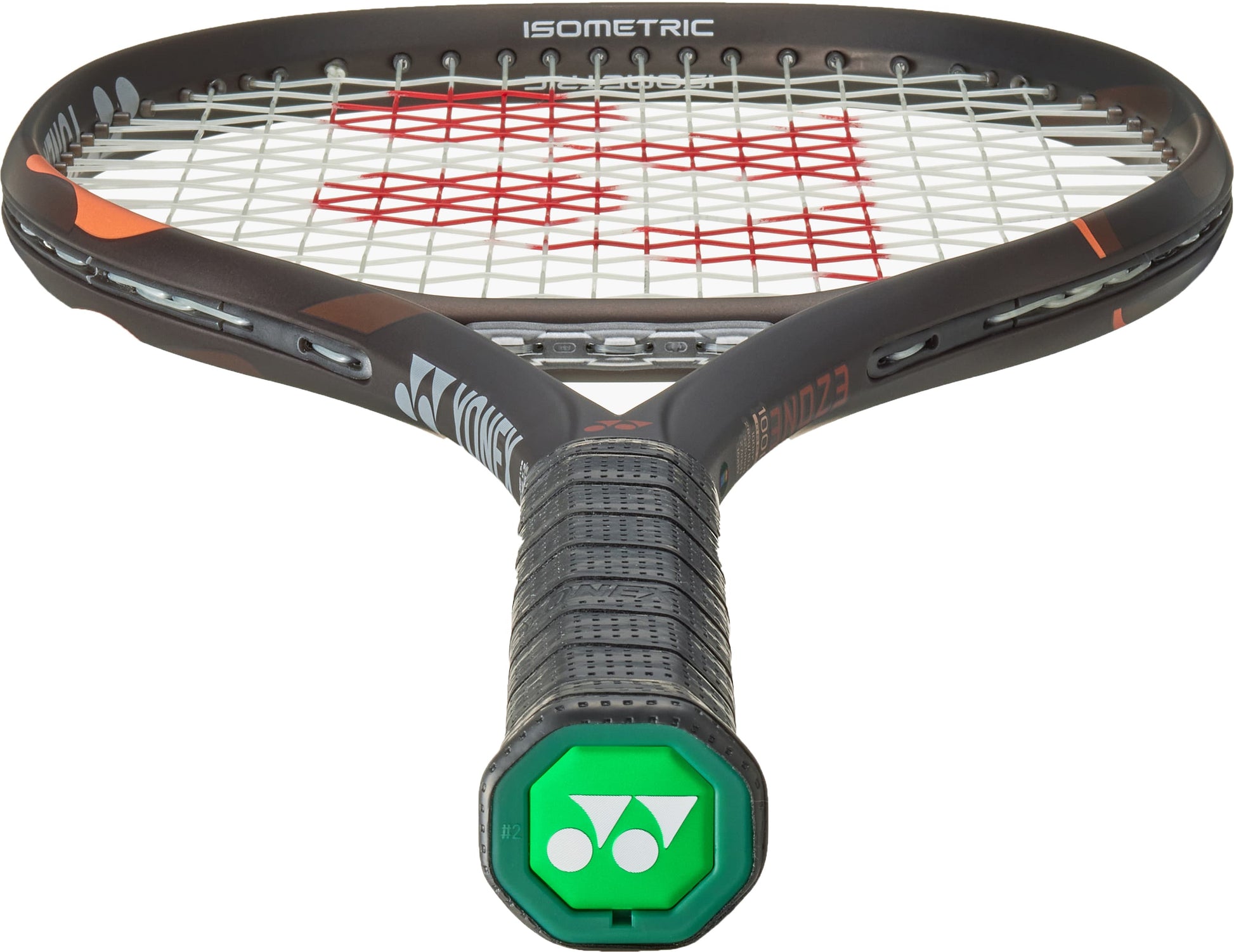Close-up view of the Yonex EZONE 100L Espresso Brown 2026 Tennis Racket by Yonex, highlighting the handle with its distinctive green end cap and the stringed head accented with a red design, photographed from the handle upward toward the frame. The racket’s advanced vibration dampening technology ensures comfort with every swing.