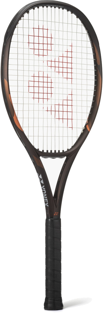 The Yonex EZONE 100 Espresso Brown 2026 Tennis Racket, featuring a black and brown design with a white string bed and red logo pattern at the center, is equipped with Vibration Dampening Mesh technology and is displayed against a plain white background.