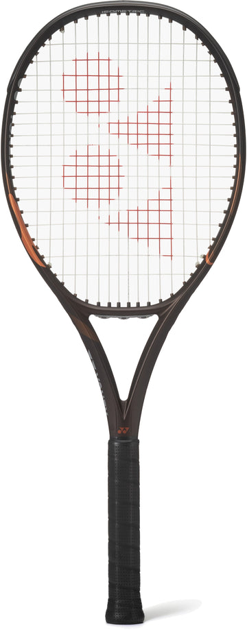 A Yonex EZONE 100 Espresso Brown 2026 tennis racket, featuring a black frame, white string bed, and a bold red logo on the strings, is photographed against a white background. This new model utilizes Vibration Dampening Mesh technology from Yonex to deliver enhanced comfort and precision with every shot.