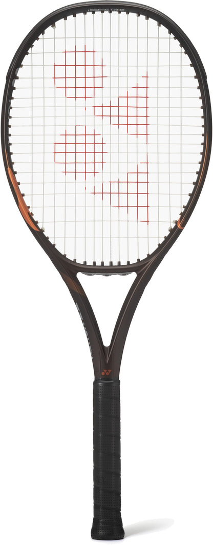 A Yonex EZONE 100 Espresso Brown 2026 tennis racket, featuring a black frame, white string bed, and a bold red logo on the strings, is photographed against a white background. This new model utilizes Vibration Dampening Mesh technology from Yonex to deliver enhanced comfort and precision with every shot.